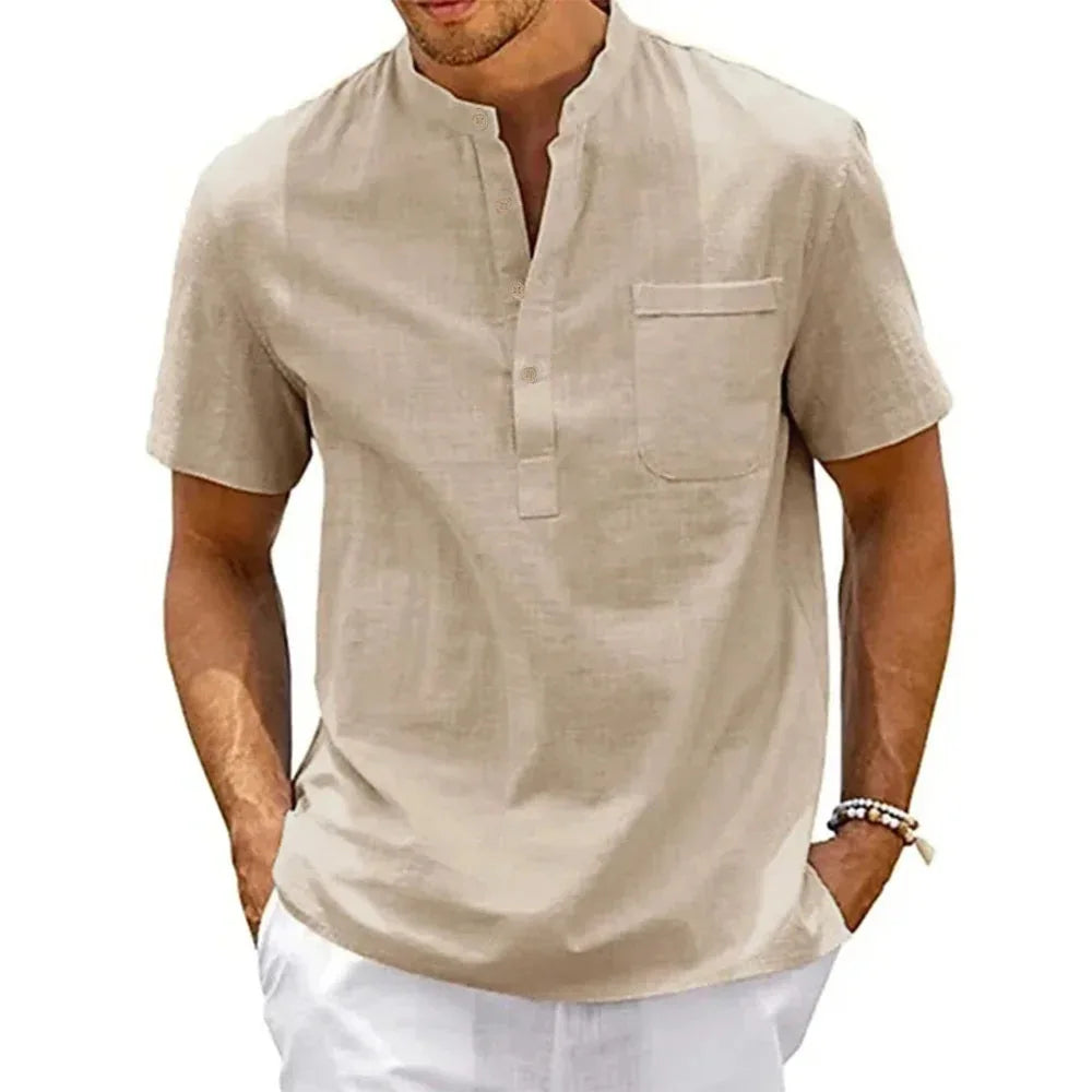 Cotton Linen Shirt Men Henley Neck Pocket