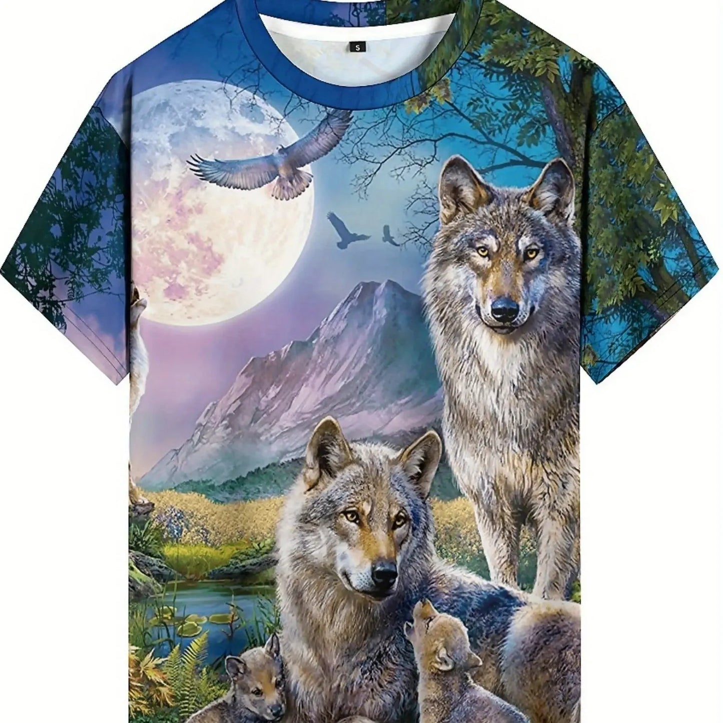 3D Wolf Pack Print T-Shirt - Short Sleeve, Crew Neck, Nature-Inspired Design with Moonlit Forest & Mountain Scene