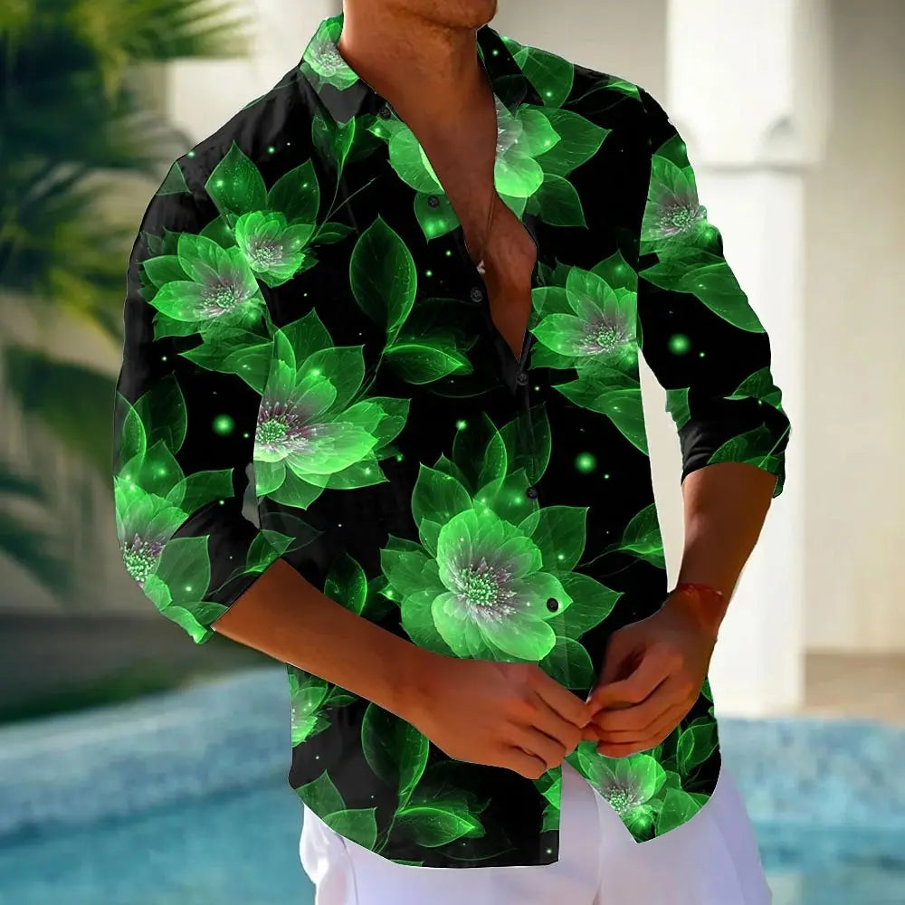 Men's Floral Print Neon Glow Flowers Shirt Button