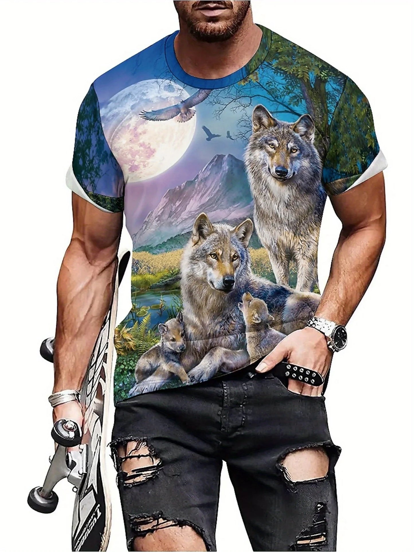 3D Wolf Pack Print T-Shirt - Short Sleeve, Crew Neck, Nature-Inspired Design with Moonlit Forest & Mountain Scene