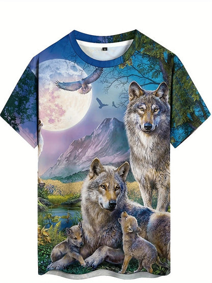 3D Wolf Pack Print T-Shirt - Short Sleeve, Crew Neck, Nature-Inspired Design with Moonlit Forest & Mountain Scene
