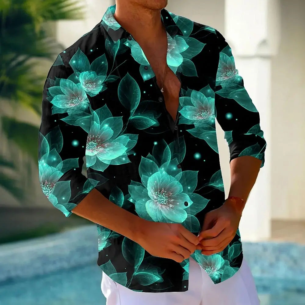 Men's Floral Print Neon Glow Flowers Shirt Button