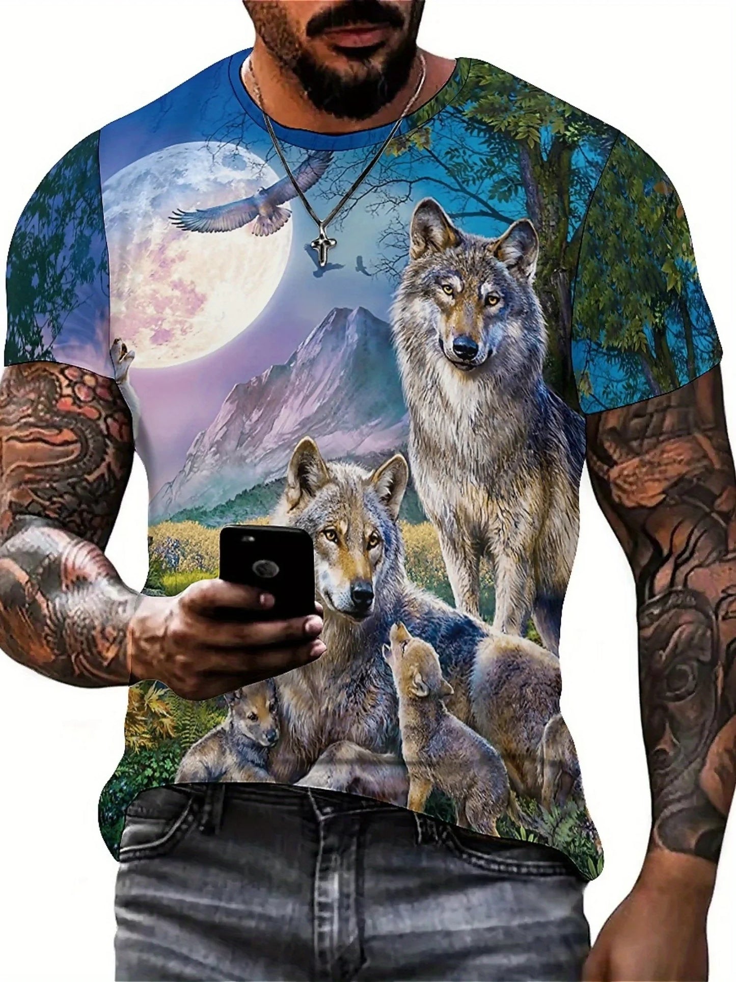 3D Wolf Pack Print T-Shirt - Short Sleeve, Crew Neck, Nature-Inspired Design with Moonlit Forest & Mountain Scene