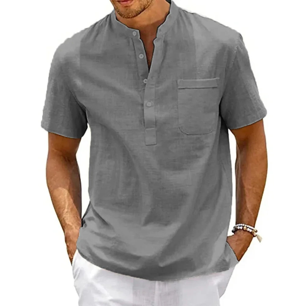 Cotton Linen Shirt Men Henley Neck Pocket