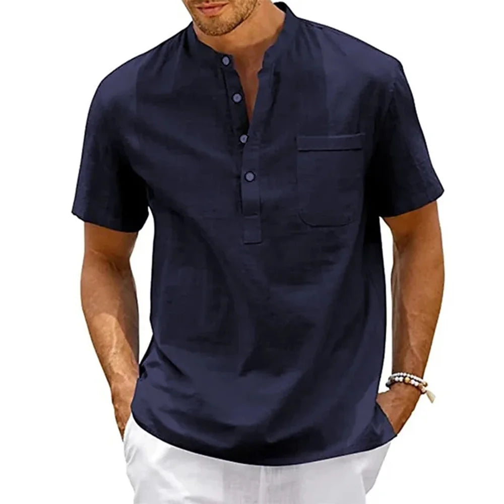 Cotton Linen Shirt Men Henley Neck Pocket