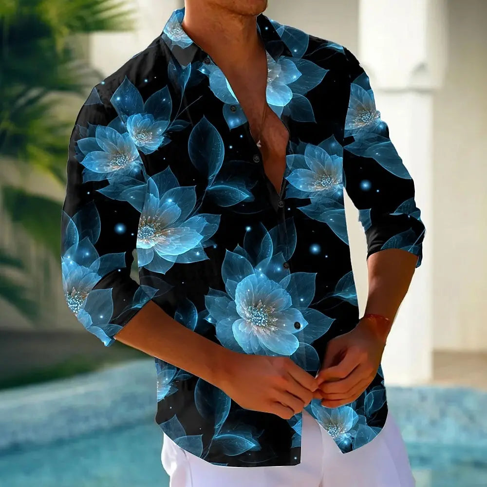 Men's Floral Print Neon Glow Flowers Shirt Button