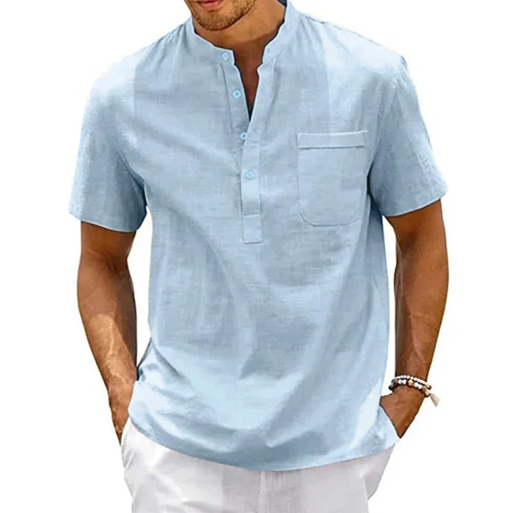 Cotton Linen Shirt Men Henley Neck Pocket