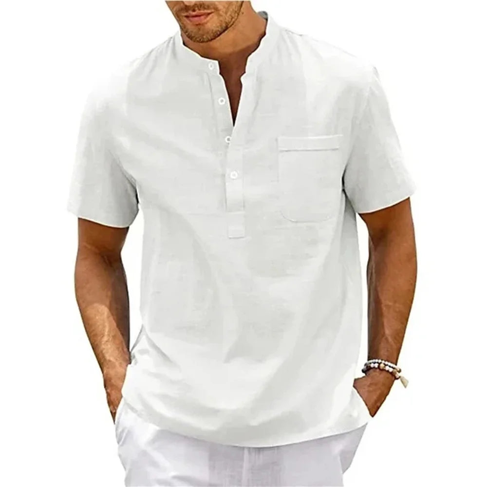 Cotton Linen Shirt Men Henley Neck Pocket