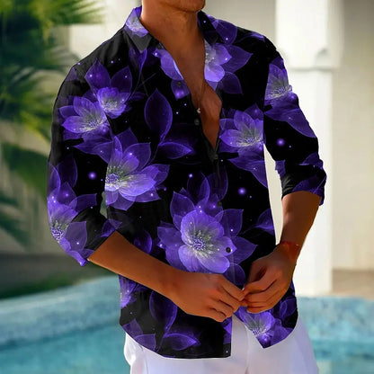 Men's Floral Print Neon Glow Flowers Shirt Button