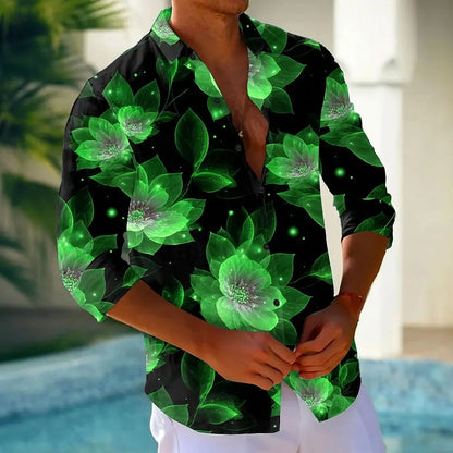 Men's Floral Print Neon Glow Flowers Shirt Button