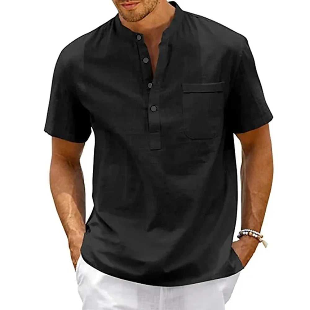 Cotton Linen Shirt Men Henley Neck Pocket