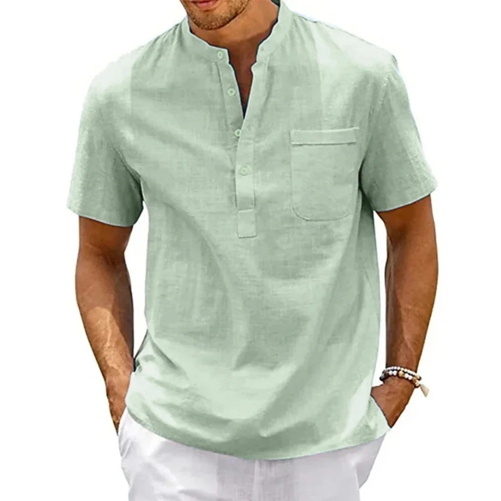 Cotton Linen Shirt Men Henley Neck Pocket